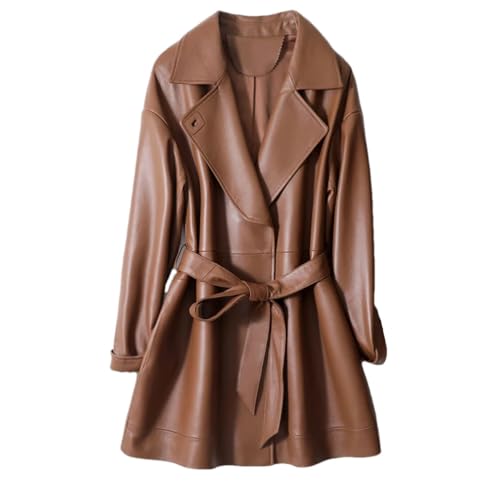 REHJJDFD Gabardina de piel sintética suave para mujer, con solapa, cordones, manga larga, estilo casual, marrón, L