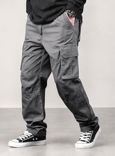 Image of Men's Cotton Cargo Pants for Men | Relaxed Loose Fit Drawstring Waist Cargo Trousers | Multi Pocket Casual Utility Pants for Outdoor, Travel