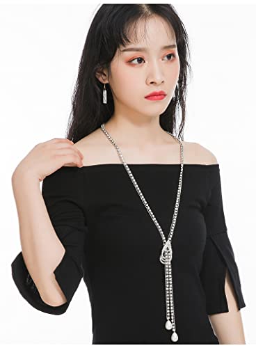 Sither Silver Crystal Knot Necklace for Women Long Peals Necklace Sweater Chain Statement for Wedding Jewelry for Dressy Winter Evening Party3