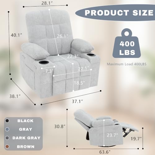 Image of Swivel Rocker Recliner Chair,Recliner Single Sofa with Cup Holders, Manual Nursery Rocking Chair with Side Pockets, Modern Upholstered Recliner for Living Room,Apartment,Home Theater(Grey)
