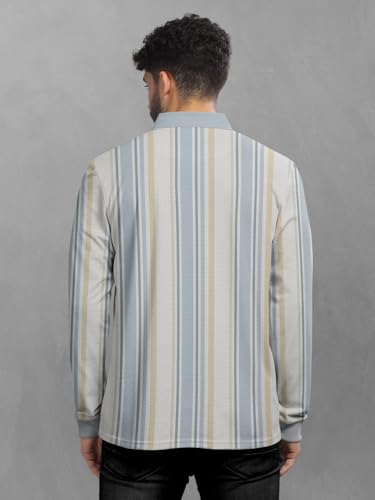 Image of BULLMER Striped Textured Printed Polo Neck Fullsleeve T-Shirt with Rib for Men