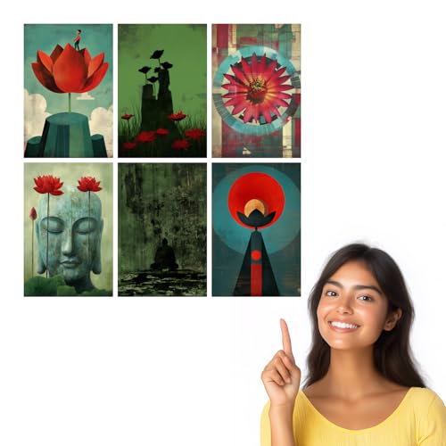 Image of SiddArtify Red - Green Lotus Flower Art Print Set - Sticker - 12x18 Inch - Pack of 6 Wall Room Decoration art Poster Prints