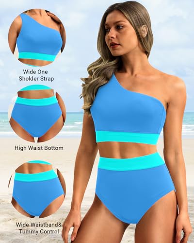 Image of Holipick Women One Shoulder High Waisted Bikini Sets Two Piece Swimsuit Tummy Control Bathing Suit Full Coverage Swimwear