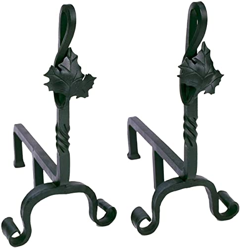 Oakestry Maple Leaf Wrought Iron Fireplace andirons, Black