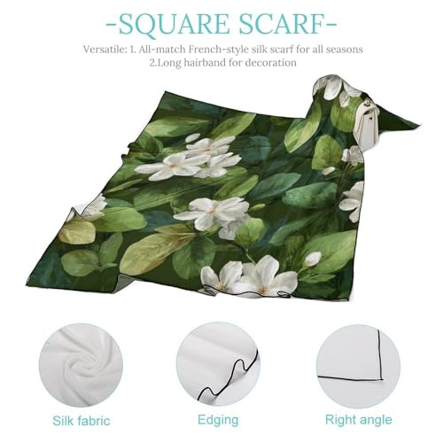 White Jasmine Flowers Women Hair Scarf Square Silk Like Head Scarves Handkerchief Satin Neck Scarf4
