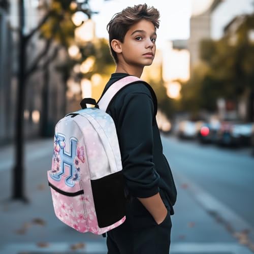 WELLFLYHOM Butterfly Custom Name School Bag for Girls 17 Inch Laptop Backpack Initial H Cherry Blossom Personalized Bookbag Daypack for Junior High School Students3