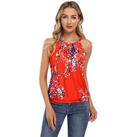 Yesfashion Women Sleeveless Halter Twisted Pleated Tank Top Blouse Red Floral S Cover