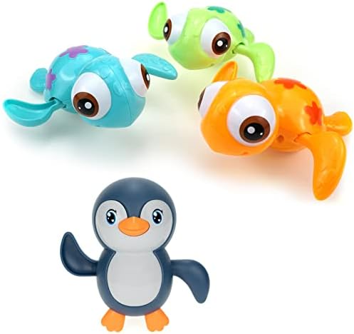 DUCKBOXX XX Wind-up Bath Toys Bundle (4pcs) : Swimming Sea Turtles (3pcs) & Penguin (Blue) for Kids 18M+