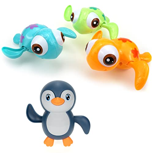 Image of DUCKBOXX XX Wind-up Bath Toys Bundle (4pcs) : Swimming Sea Turtles (3pcs) & Penguin (Blue) for Kids 18M+