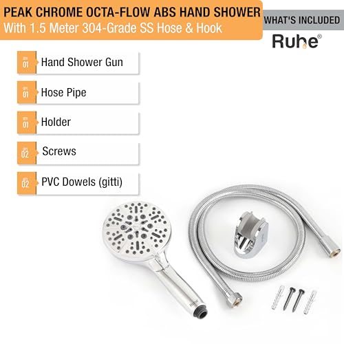 Image of Ruhe Peak Multi-Functional Octa-Flow Modes ABS Hand Shower with 1.5 Meter 304-Grade Stainless Steel Hose & Hook, Chrome Finish