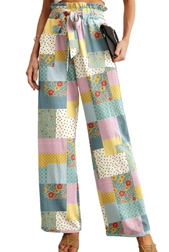 IWOLLENCE Womens Wide Leg Pants with Pockets High Waist Adjustable Knot Loose Casual Trousers Business Work Casual Pants Colorful Patchwork Large