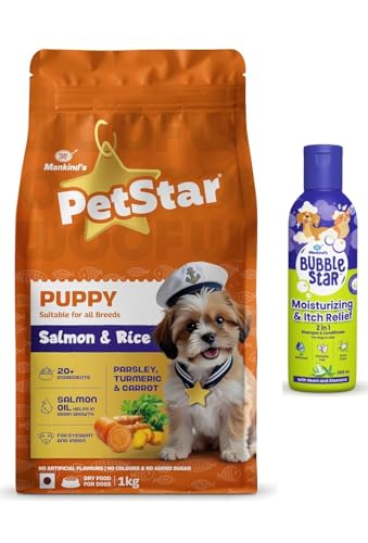 Image of Petstar Puppy Dry Dog Food (High Protein) Salmon & Rice Flavor, 1kg Pack and Mankind BubbleStar Neem & Aloe Vera 2-in-1 Shampoo & Conditioner for Dogs & Cats,200 ml