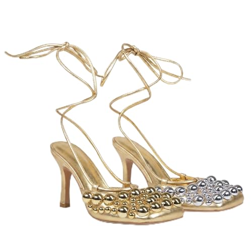 Image of Saint Leia Women's 4IN High Heel Sandals Nude Stiletto Pumps with Gold Silver Pearls Heels for Weddings Parties and Evening Wear