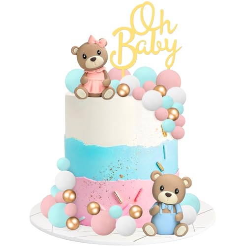 33 adornos para tartas de oso, decoración para tartas de revelación de género, decoraciones para tartas con figuras de oso y bolas para niños y niñas, baby shower, suministros de fiesta temática de