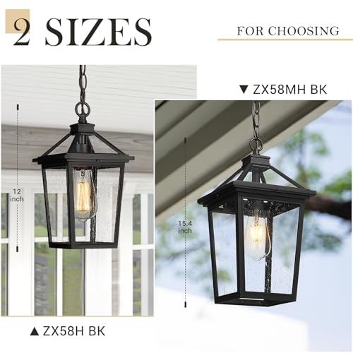 Image of zeyu 15.4 Inch Outdoor Hanging Light, Medium Exterior Pendant Porch Light for House Garden, Die-Cast Aluminum with Seeded Glass, Black Finish, ZX58MH BK