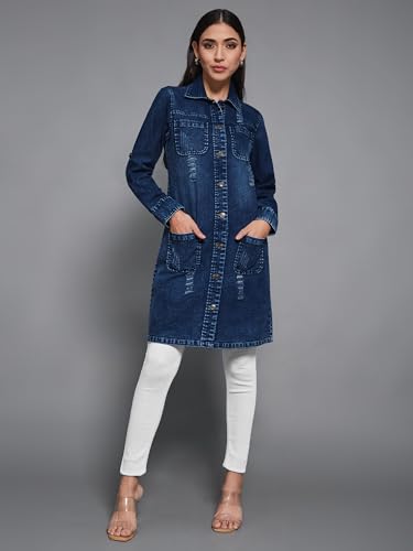 Image of Miss Chase Women's Polo Neck Full Sleeves Patch Pocket Denim Overcoat Knee-Length Jacket