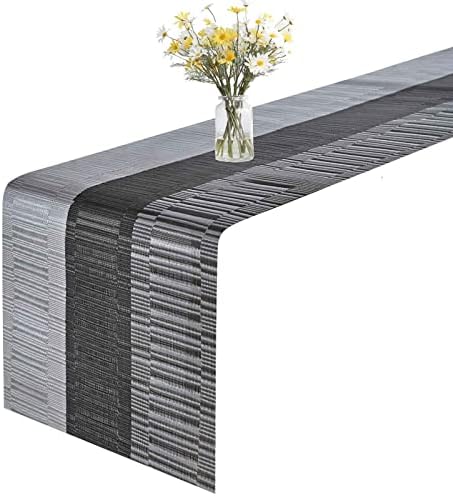 GIVERARE Table Runner, 12x72in Heat-Resistant Woven Vinyl Long Tabletop, Non-Slip Washable PVC Table Runners, Easy to Clean Premium Plastic Dresser Cover for Wedding, Decor, Home (Black+Silver)