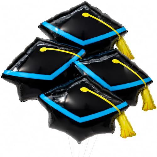 4 Pieces 22 Inches Black Graduation Cap Balloons Large Academic Cap Shaped Mylar Foil Balloons with Tassel Design Grad Hat for Class of 2025 Graduation Ceremony or Party Decorations