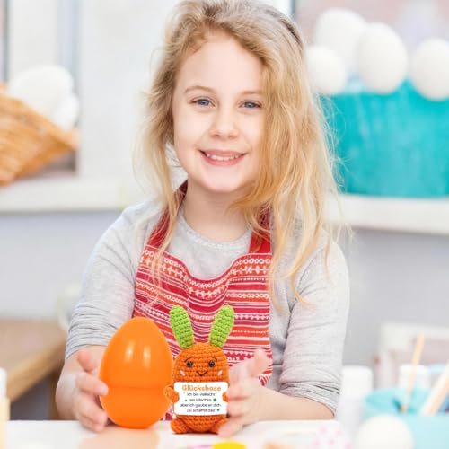 HUKUMA Pocket Hug Hase, Ostern Geschenke, Glückshase + Orange Ostereier, Gehäkeltes Emotional Support Geschenk, Gehäkelte Glücksbringer, Ostern Geschenke für Kinder