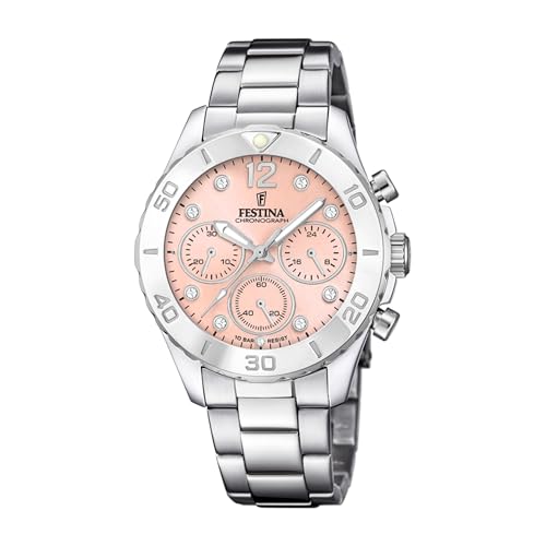 Festina Damen Uhr Analog Edelstahl 316L Silber - Quarz Chronograph - Mineralglas hochresistent - 10 ATM wasserdicht F20603/7 - Boyfriend Collection