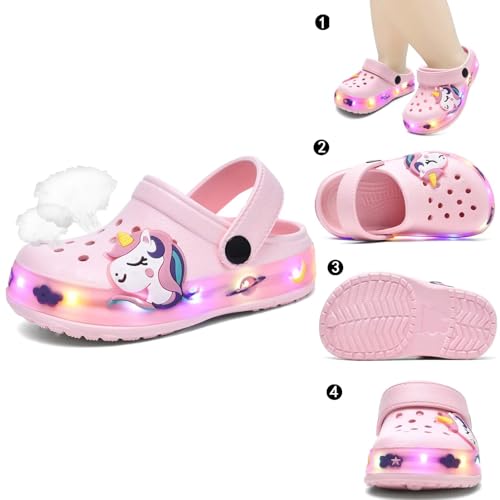 GULAKY Clogs Kinder Hausschuhe Junge Pantoffeln Sandalen für Mädchen Gartenschuhe LED-Streifen Schlappen Kinder Latschen,Cute Pink,28