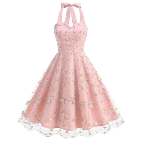 Vintage Dress for Women 1950s Cottagecore Cocktail Dresses Halter V Neck Mesh Floral Embroidered Swing Party Dress Pink