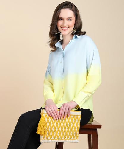 Image of Maaesa Women Handmade Ombre Tie & Dye Rayon Shirt | Relaxed Fit | Lightweight & Breathable | Long Sleeve Button-Down | Classic Collar | Casual & Office Wear