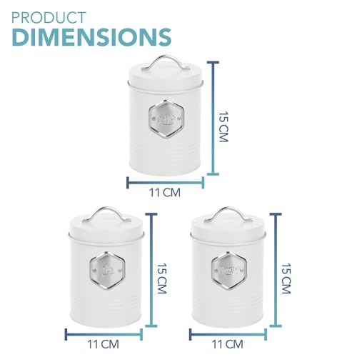 HEFTMAN Witte thee koffie suiker canisters - stijlvolle 3-delige canisters sets voor de keuken, suiker koffie thee opslag set met luchtdichte, gelabelde containers (3 stuks, wit/zilver) - Afbeelding 5