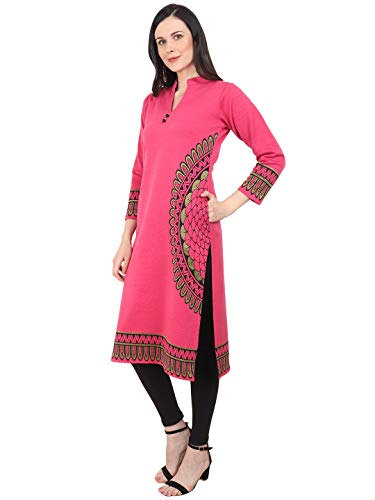 Image of Rosary Women's Winter Wear Jacquard Woolen Straight Kurti with 2 Side Pockets,Pink,M