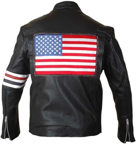 American USA Flag Easy Rider Peter Fonda Vintage Mens Cafe Racer Black Motorcycle Biker Leather Jacket