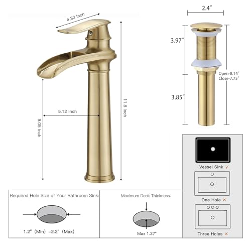 Bwe 6046H-BG Bathroom Vessel Sink Faucet Waterfall Spout Single Handle One Hole Solid Brass Deck Mount Brushed Gold Lavatory Mixer Tap Lavatory Vanity Sink Faucet thumb #7