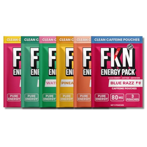 FKN Caffeine Pouch Energy Pack – Variety Pack (6 Packs) Blue Raspberry, White Peach, Strawberry, Pineapple | 80MG Caffeine | 3 Pouches Per Pack | Sugar, Tobacco & Nicotine Free Energy Boost
