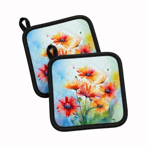 Caroline's Treasures Gerbera Daisies in Watercolor Pair of Pot Holders Kitchen Heat Resistant Pot Holders Sets Oven Hot Pads for Cooking Baking BBQ, 7 1/2 x 7 1/2