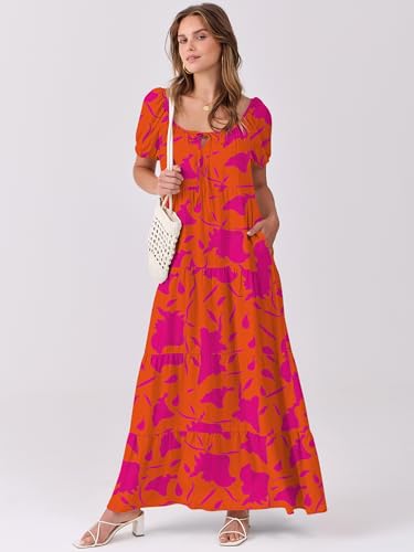 Image of ANRABESS Women's Boho Maxi Dresses 2025 Summer Casual Floral Puff Short Sleeve Tie Front Flowy Swing Tiered Long Beach Dress
