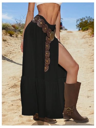 SHENHE Women's Western Boho Maxi Skirt Lace Ruffle High Slit Flowy Country Cowgirl Skirts3