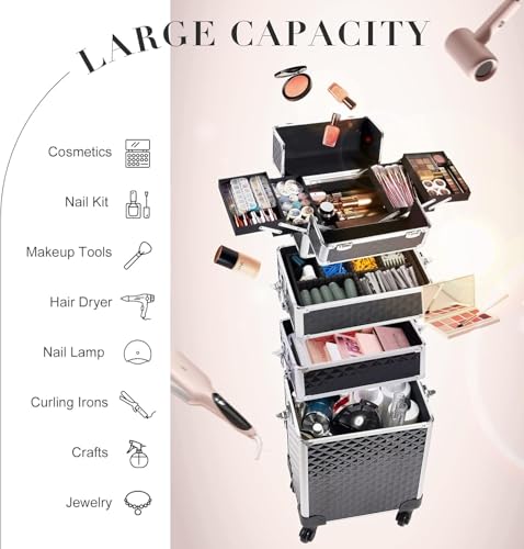 Image of SHAMAX Professional Rolling Makeup Case, Cosmetic Organizer Trolley, Manicure Storage Vanity Locks- Trolley for Hairdressers, Salons, Beauty Lovers - 360- Degree Universal Wheels (BS4 /Trolley)