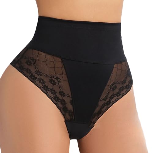 Konxi Faja Reductora Tipo Tanga para Mujer Braguitas Reductoras sin Costuras de Cintura Alta Tanga de Encaje de Cintura Alta Ropa Interior Adelgazante (FR/ES, Letras, XL, Regular, Regular, Negro)