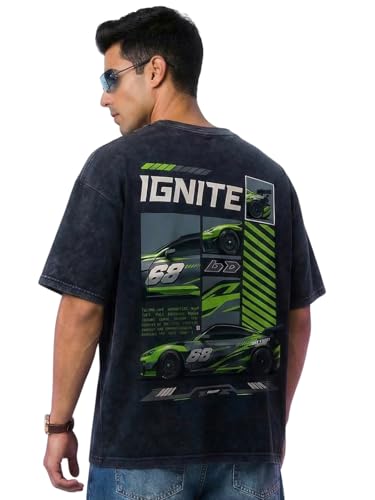 Image of Veirdo Heavy GSM Pure Cotton Men's Graphic Print Oversized Fit Half Sleeve Round Neck Cotton Acid Wash Print T-Shirt in Different Colors with Sizes ranging from S to 2XL.