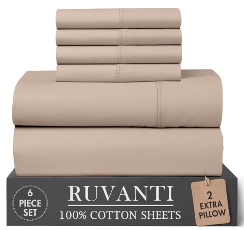 RUVANTI 100% Cotton Full Sheet Set, Percale Full Size Sheets, Sand Stone