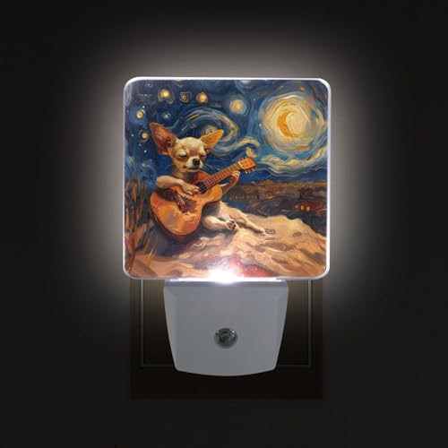 Image of Dog Play Guitar Night Lights 2 Pack Plug-in Wall Led Nightlight Auto Dusk-to-Dawn Sensor Lamps for Bedroom Kitchen Bathroom