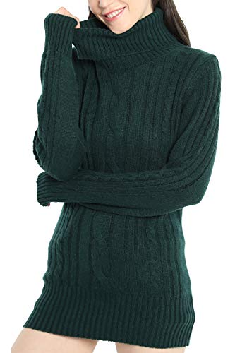 LINY XIN Women's Cashmere Knitted Turtleneck Long Sleeve Winter Wool Pullover Long Sweater Dresses Tops (XL, Green)