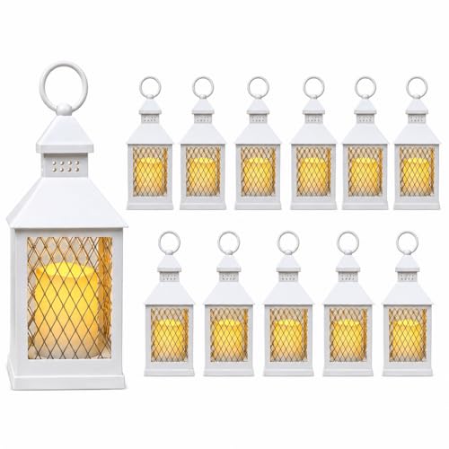 Farmhouse 12-Piece Set – 10" Decorative Lantern with Flameless LED Candle & 5-Hour Timer – Rustic Wedding Décor, Indoor Home Decoration, Outdoor Patio Lighting, Weather-Resistant – White