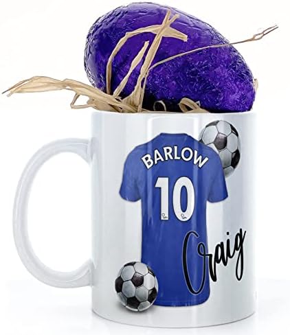 Hairyworm Personalised Mug and Milk Chocolate Easter Egg Gift Set, Customised with Name/Number/Text, (11oz) White Mug with Red Football Shirt, Football Mug