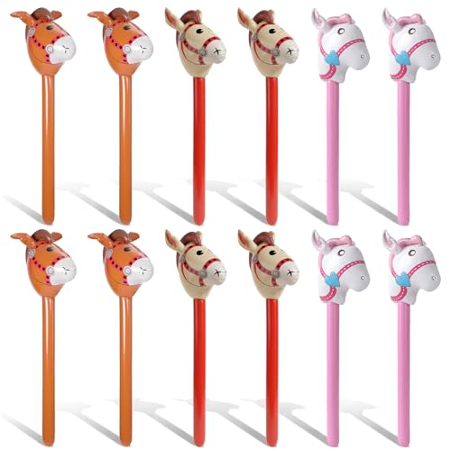 Ckhoid 12PCS Inflatable Stick Horses 37 Inch Blow Up Horse Head on Stick Cute Sticks Pony Western Cowboy Cowgirl Costume Party Favor Props Riding Horse Sticks for Birthday Party Decorations