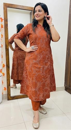 Image of ANNI Designer Kurta Sets for Women Viscose Blend Printed | Kurti Set for Woman | Kurta Palazzo Set | A Line Kurti | Mandarin Collar Elbow Sleeve Suit Set for Women Stylish Ethnic Outfit Clothing