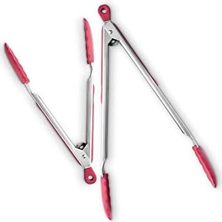 DI ORO® Kitchen Tong Set Stainless Steel with Non-Stick 250°C Heat-Resistant Silicone Tips Great Tool for Cooking, Serving, and Barbecuing - Dishwasher Safe (2-Piece Set Red)