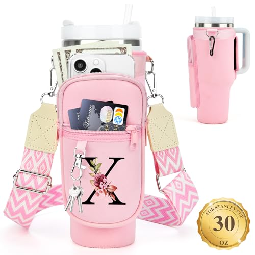 LOKASS Personalized for Stanley Cup Accessories 30oz, Initial Stanley Cup Holder with Strap, Cup Carrier Bag Water Bottle Holder with Phone Pocket Gifts for Women,Girls,Travel,Walking,Work