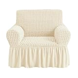 NICEEC Armchair Cover Beige Armchair Slipcover 1 Piece Easy Fitted Sofa Couch Covers Universal High Stretchable Durable Furniture Protector with Skirt Country Style (1 Seater Beige)