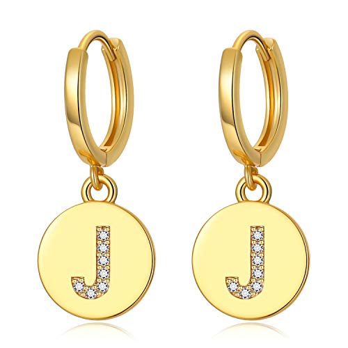 EGOO&YAMEE Dangle Initial Earrings for Women Letter Huggie earrings with 18K Gold Plated Cubic Zirconia Hoop Earrings Tiny Cute Dainty Small Huggie Hoop Earrings for Girls Kids Teen(Earring,J)