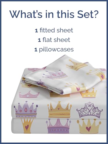 Image of Kids Twin Princess Crowns Bed Sheets - 3 Piece Princess Crowns Sheet Set